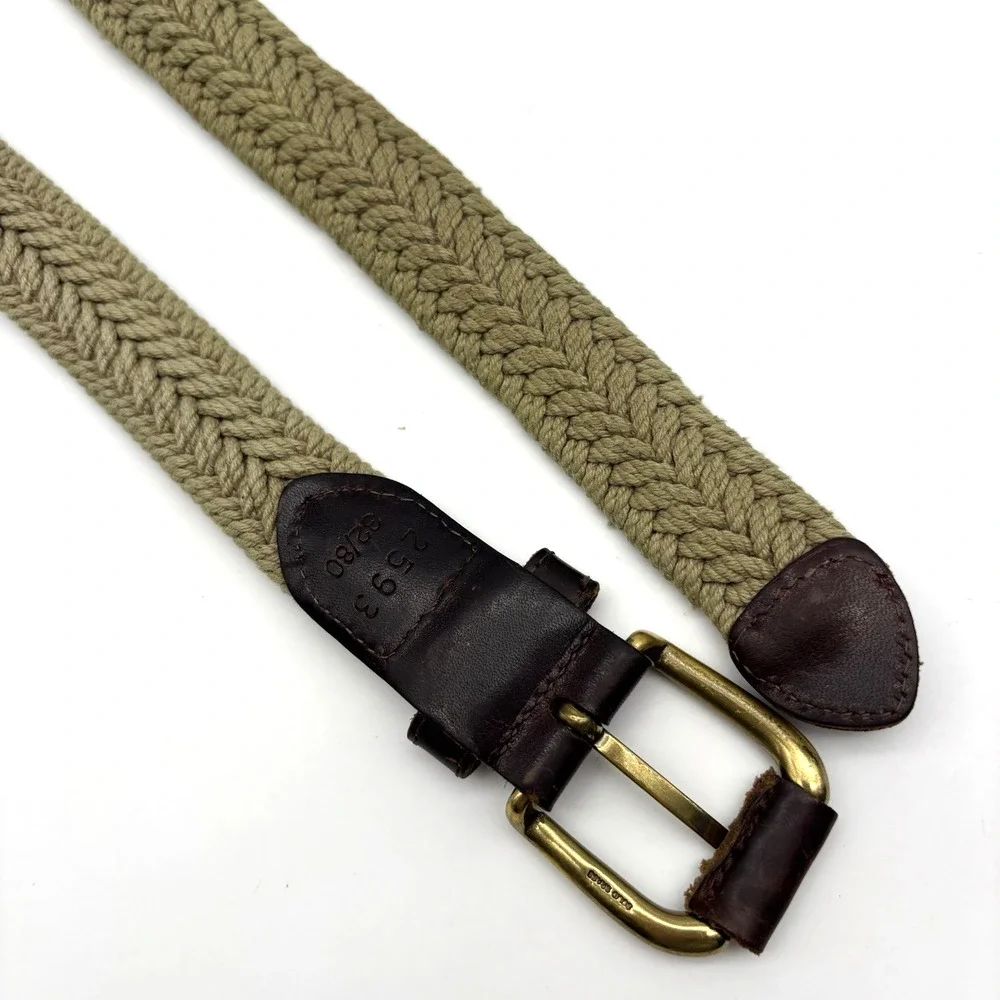 Vintage 90s Dockers 2593 Beige Woven Cotton Brown Leather Brass Buckle Belt 32